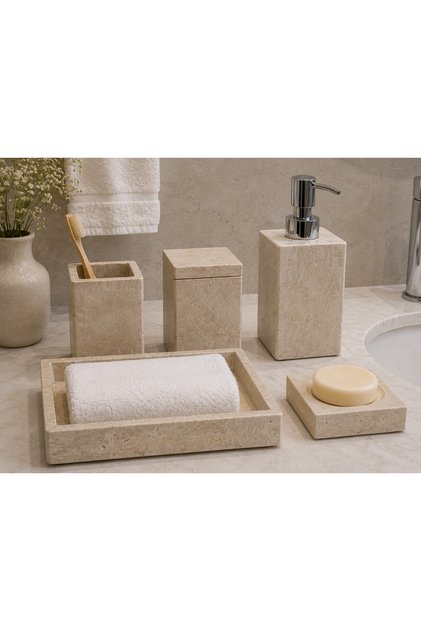 Doğal Traverten Çeşme Serisi Banyo Seti 5 Parça - Krom Başlık