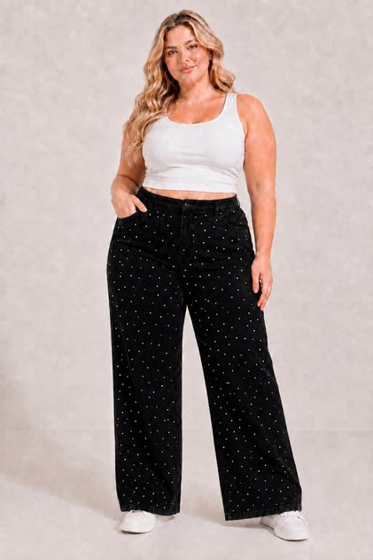 Women's Plus Size High Waist Spliced Stone Detail Wide Leg Palazzo Jean Pants 52-64