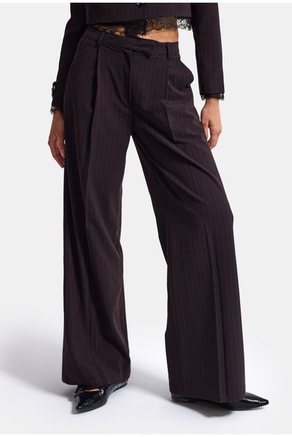 Women's Plum Striped W6-52 Palazzo Pleated Trousers