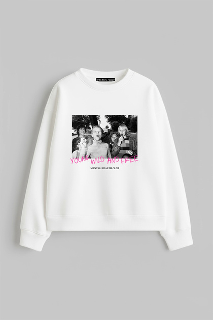 Young Wild N Free Printed Hoodless Relaxed Fit Women's White Sweatshirt