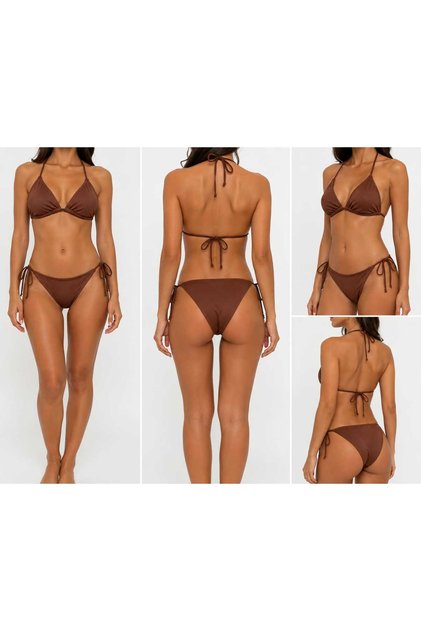 Kadın Boyundan Bağcıklı Kiremit Rengi Üçgen Şık Bikini Takımı