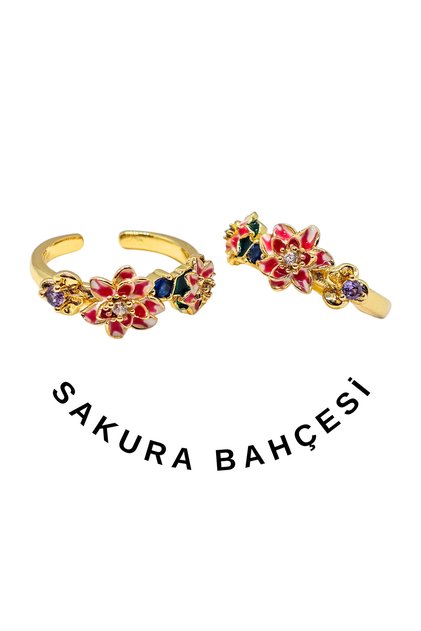 Women's Design Enamel Sakura Flower Stone Ring Hand-Painted Adjustable Gold Color Jewelry