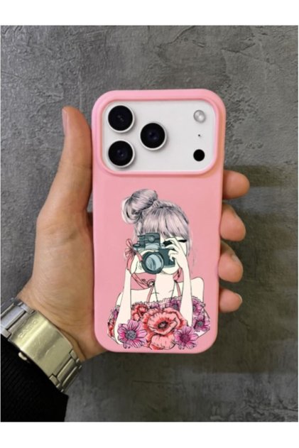 iPhone 17 Pro Max - 18 Pro Max Compatible Camera-Holding Flower Girl Patterned Pink Case
