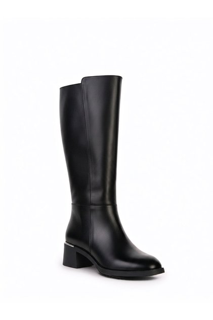 Genuine Leather Black Women's Classic Boots with Gold/Silver Detailed Heel
