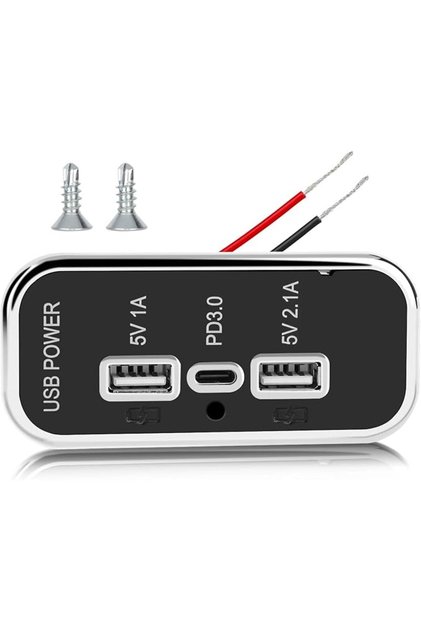 شاحن سريع بثلاثة منافذ USB بجهد 12 فولت، منفذ USB A مزدوج 3.1 أمبير، منفذ Type C بتقنية PD QC 3.0، محول للمركبات الترفيهية