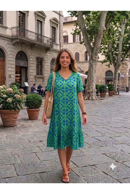 Women's V-Neck Patterned Half Sleeve Dress with Pockets