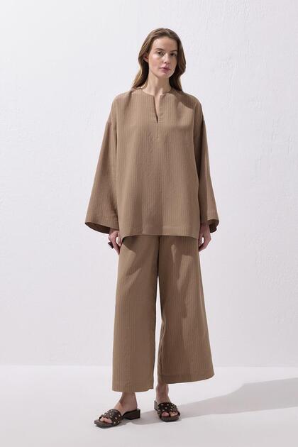 Striped Modal Blouse Trousers Set Camel