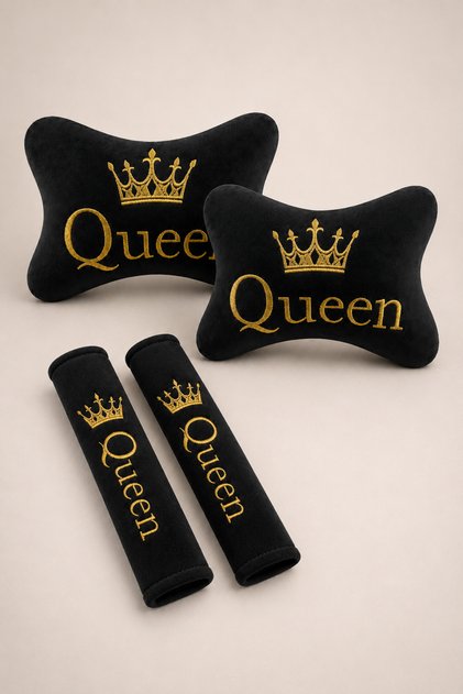 Queen Embroidered Car Interior Accessory Set / Car Neck Pillow & Seat Belt Pad