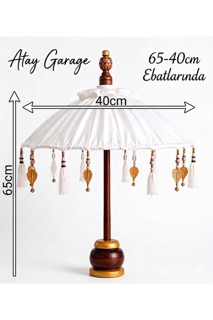 Bali Tarzı Püsküllü Elyapımı Ahşap Şemsiye Dekoratif Abajur (65-40cm Ebatlarında)