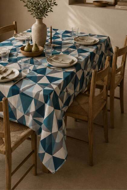 Duck Fabric Tablecloth Geometric Pattern Blue Dining Table Cover