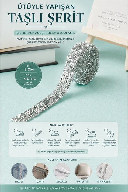 Gümüş Ütüyle Yapışan Taşlı Şerit Aplik 2 cm x 1 Metre Abiye Elbise Gelinlik Süsleme