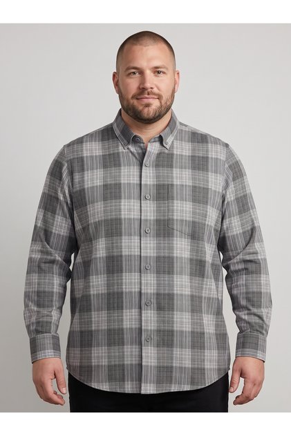 Plus Size Men's Long Sleeve Checkered Single Pocket Oversized Shirt (2XL - 3XL - 4XL)