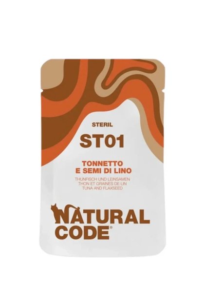 Natural Code for Sterilized Cats, Wet Cat Food, Tuna and Flaxseed Pouches for Sterilized Adults, 70g *24 Pieces.