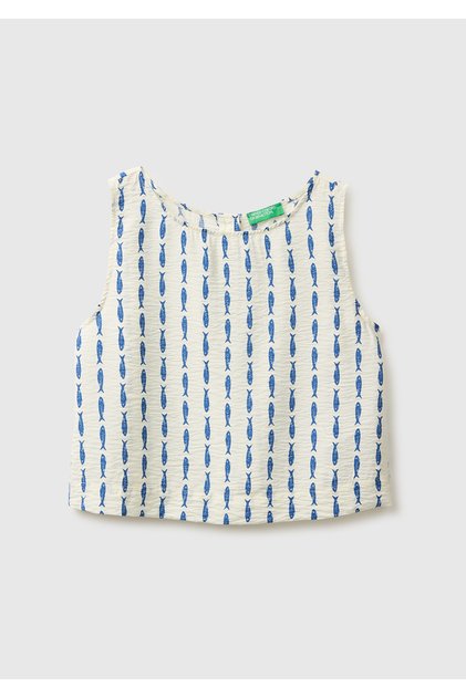 Women's White Cotton Blend All-Over Patterned Button-Back Blouse