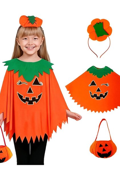 Costum de dovleac de Halloween pentru copii, set din 3 piese: Poncho, bentiță, coș pentru dulciuri