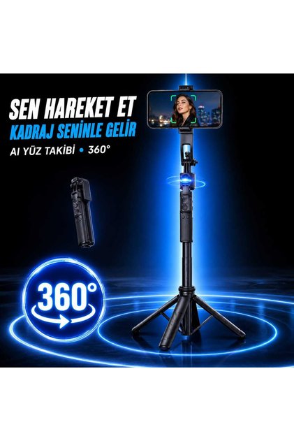 Akıllı Yüz Takipli 360° Telefon Tripodu ve Selfie Çubuğu 163 cm Uzayan Uzaktan Kumandalı
