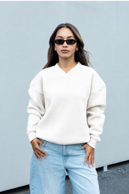 Women's White V-Neck Oversize Sweatshirt (80% Cotton)