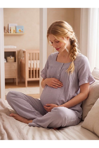New Season Gray Muslin Fabric Buttoned Easy Breastfeeding Design Ruffle Sleeve Detailed Summer 100% Cotton Maternity Pajama Set