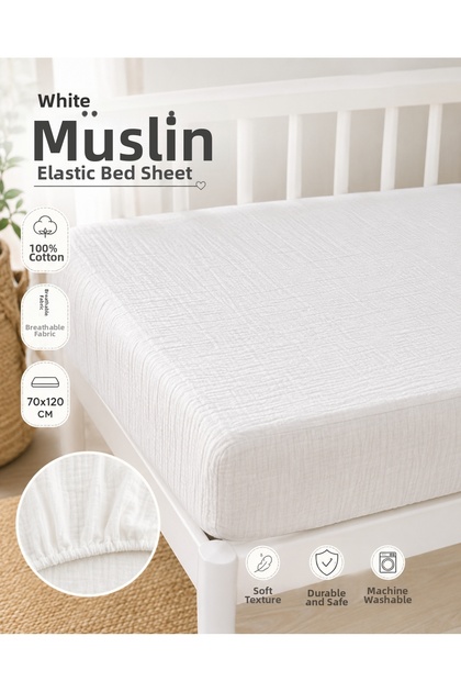 100% Cotton Muslin Elastic Baby Bed Sheet 70X120 Cm, Air-Permeable Muslin Baby Bed Sheet - White / Ecru / Pink