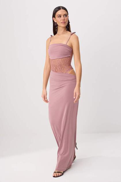 Rose Dried Lace Waist Low-Cut Detailed Body-Hugging Maxi Knitted Evening & Graduation Dress Tprss26Ae00195
