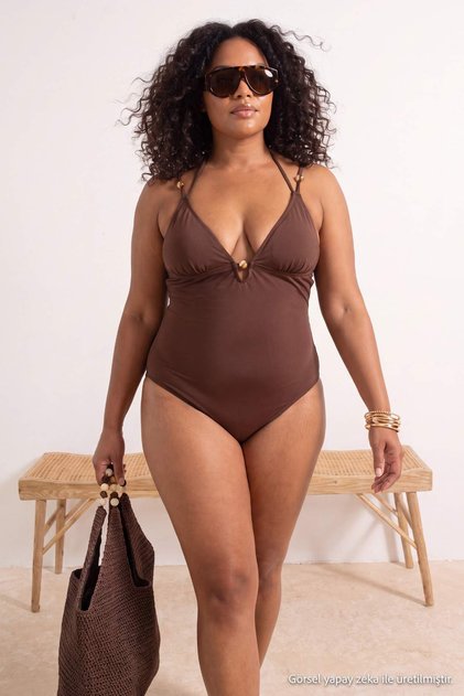 Brown V-Neck Bead Accessory Swimsuit Tbbss26Am00045
