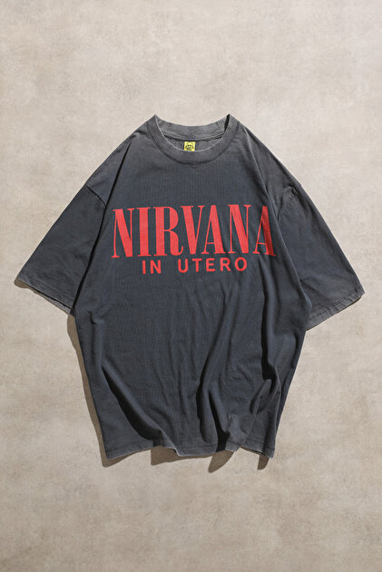 Nirvana in Utero Anjelofer Printed Vintage Washed Grey Oversized Short Sleeve Rock T-Shirt