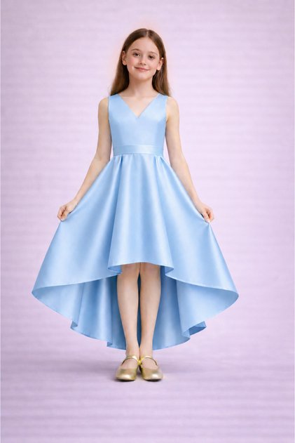 Baby Blue Evening Dress for Girls – Double-Breasted Collar Asymmetrical Cut, Graduation & Wedding Dress