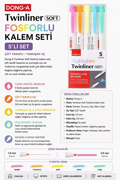 Dong A Twinliner Soft Fosforlu Kalem Çift Taraflı 5 li Set