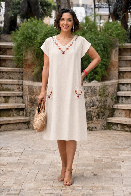Minyon Floral Embroidered Linen Dress