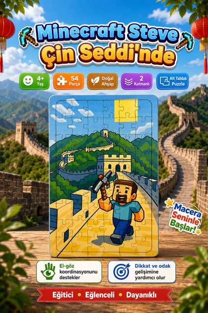54 Parça Eğitici Ahşap Puzzle & Yapboz Minecraft Steve Çin Seddi'nde