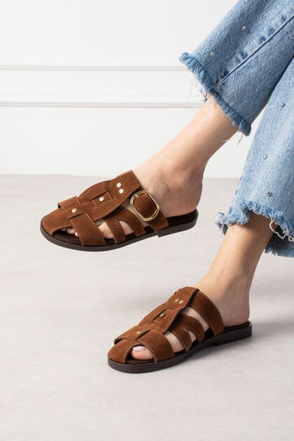 Visby Tan Suede Buckle Multi-Strap Premium Women's Slippers