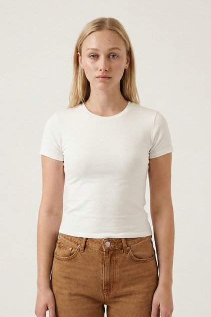 Crop Slim Fit Cotton Lycra T-Shirt-Ecru