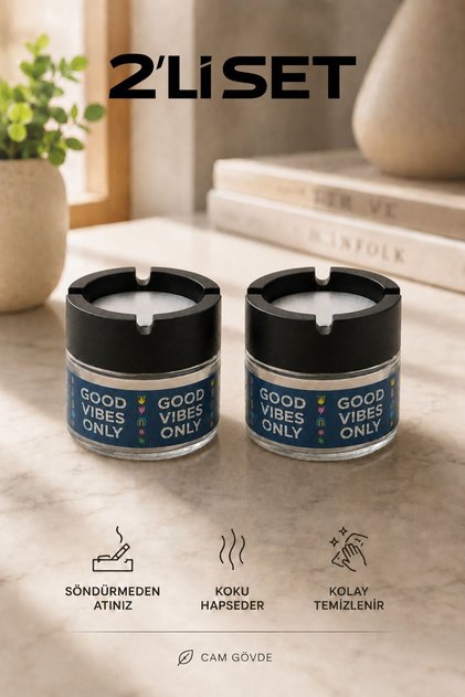 Set of 2 Unscented Glass Ashtrays - Good Vibes Only Ashtray with Printed Lids That Captures Smoke