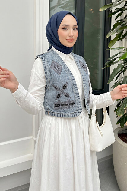 Salih Çelebi Nakışlı Denim Yelek 92030 - MAVİ - Fiyatı, Yorumları
