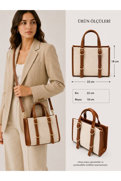 Women's Belt Detailed Linen Cross Hand and Shoulder Bag
