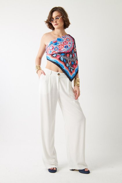 Women's Verona Pants White – High Waist, Pleated Wide Legs, Button Detail, Modern Cut, Linen