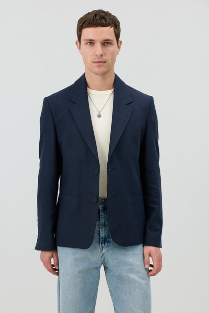 Lacivert Keten Karışımlı Balıksırtı Desenli Erkek Blazer Ceket