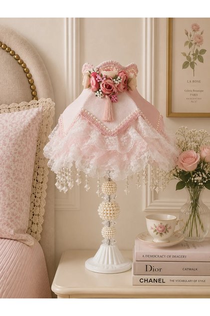 Pembe Kadife Kaplı Çiçek Süslemeli Başlık İncili Beyaz Metal Ayaklı Klasik Model Prenses Abajur 55x25cm