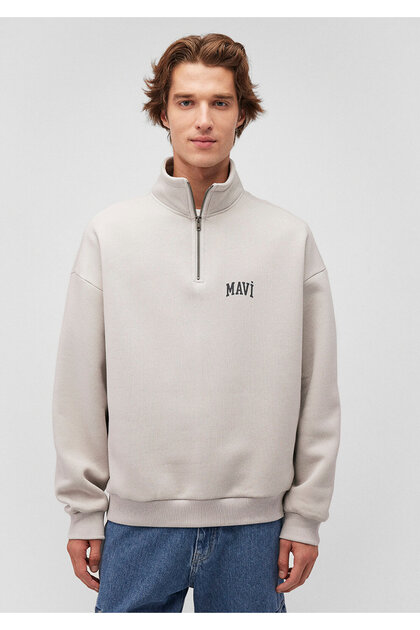 Mavi Logo Printed Half-Zip Beige Sweatshirt 0S10208-70074- Trendyol