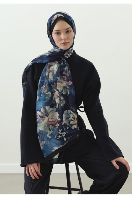 Şal din bumbac cu model Jane, viscoză, albastru noapte