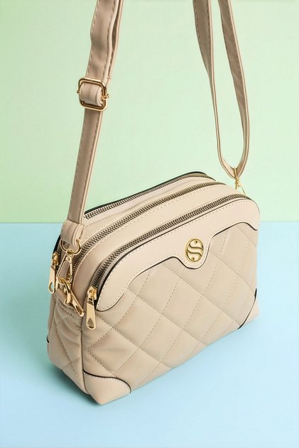 Women's Beige Kaptione 3-Compartment Adjustable Cross Strap Shoulder Bag
