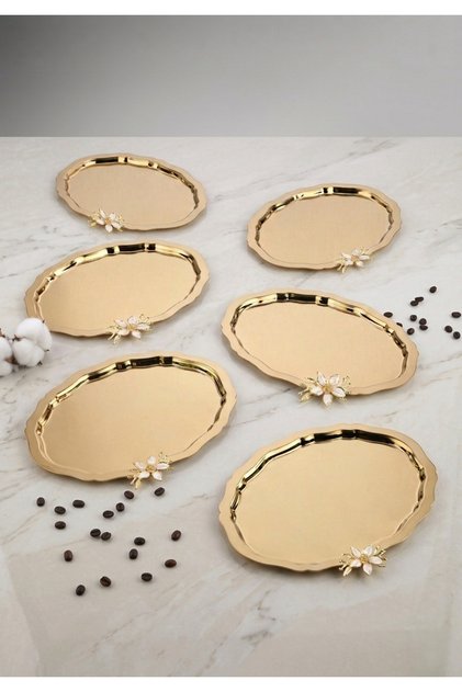 Luxury 6-Piece Oval Gold 20X25 Stainless Steel Coffee Presentation Tray with Daisy Accessories