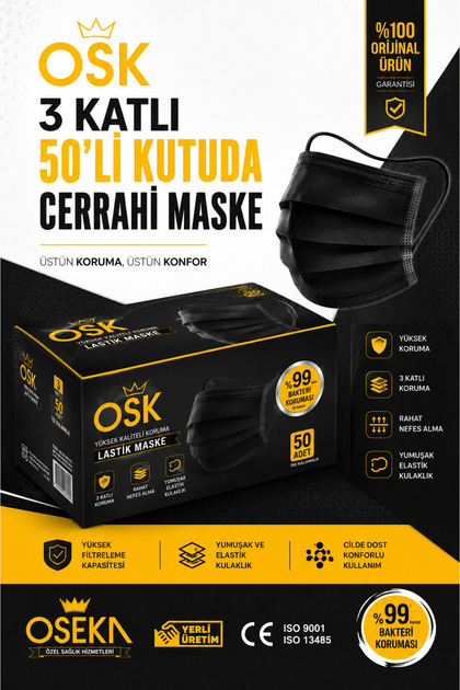Oseka Meltblown Filtreli, 3 Katlı Yassı Ipli Yumuşak Siyah Maske