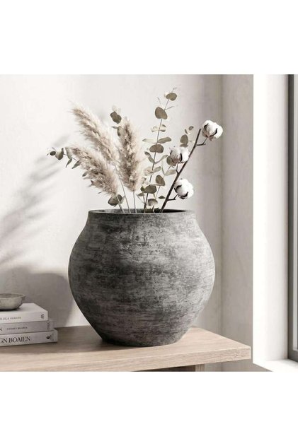 Rooney Cement Ribbed Textured Crea Vase 32x32x28cm - Grey