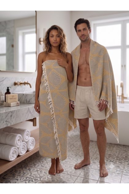 Peştemal, Beach-Bath-Sauna-Hamam-100% Cotton-Muslin Fabric Towel-Seafood Mussel Patterned-Double Sided-Dual Color-Double Directional Use-Breathable Fabric-Water Absorbent-Quick Drying-Skin-Friendly-Soft Textured-90*180 cm