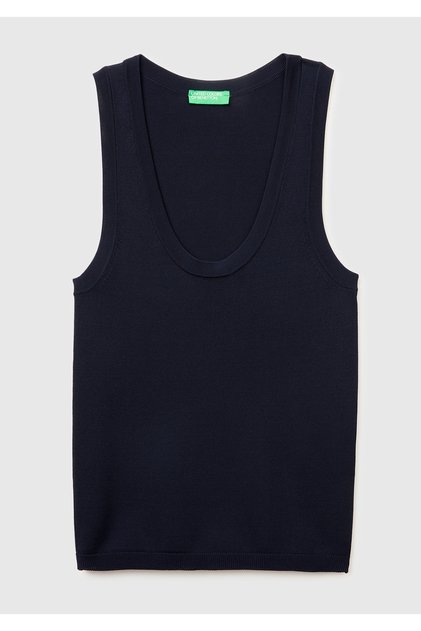 Women's navy blue viscose blend slim fit wide round neck tank top