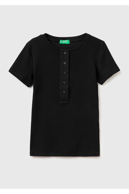 Kadın Siyah Pamuk Karışımlı Önü Düğme Detaylı Yuvarlak Yaka T-Shirt