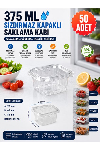 Plastik Kapaklı Kullan At Saklama Kabı Sızdırmaz Kap 375 ML 50 Adet