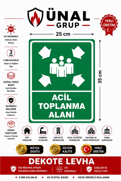 Acil Toplanma Alanı Uyarı ve Yönlendirme Levhası 25x35 cm Kolay Montaj İkaz Tabelası