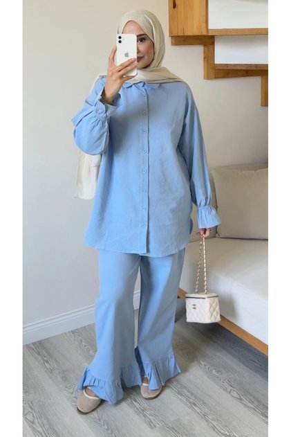 Women's Cuff Detailed Linen Long Shirt Pants Set